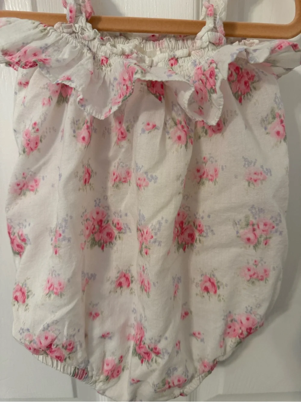 LoveShackFancy White Romper with Pink Floral Print
